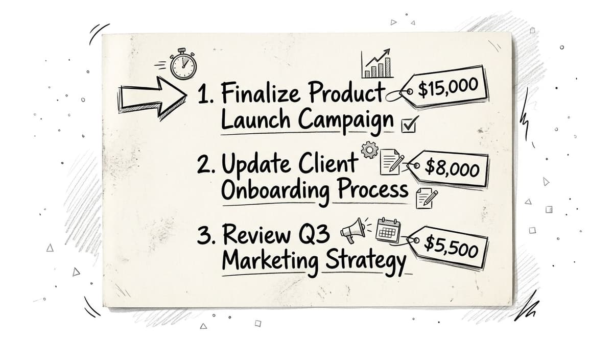 A hand-drawn checklist on paper showing three business tasks with their corresponding project budget amounts.