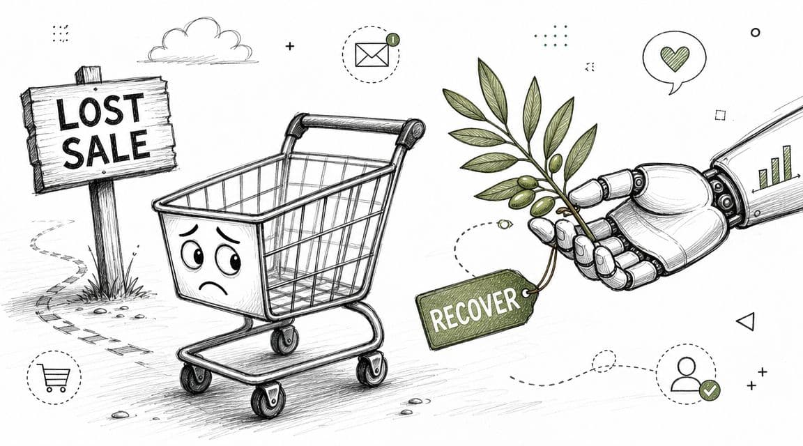 A sad shopping cart facing a lost sale sign being offered an olive branch by a robotic hand.