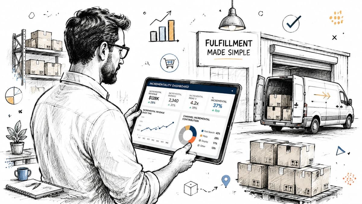 A man in a warehouse holding a tablet displaying data analytics for business fulfillment and revenue growth.