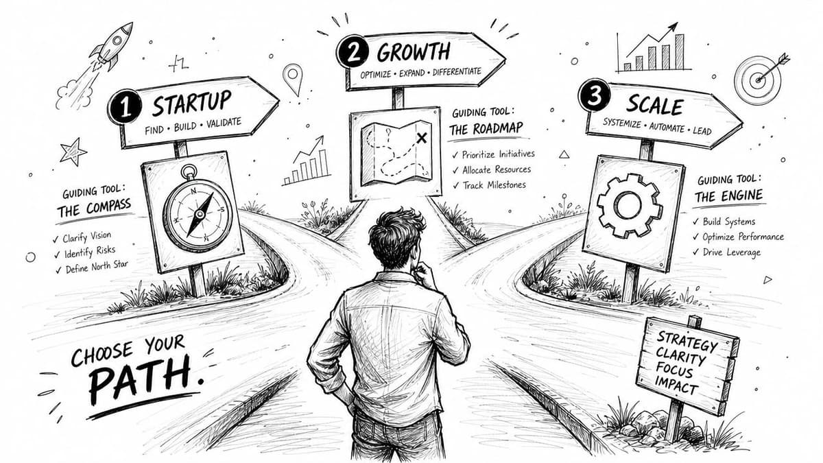 A hand-drawn illustration depicting a man choosing between paths for startup, growth, and scale strategies.