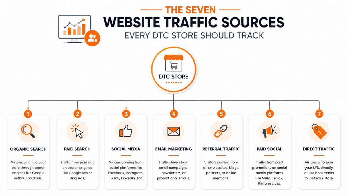 A diagram illustrating the seven essential website traffic sources that every direct-to-consumer store should track and analyze.
