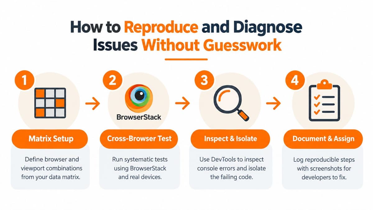 A four-step infographic showing how to reproduce and diagnose browser compatibility issues using a systematic workflow.
