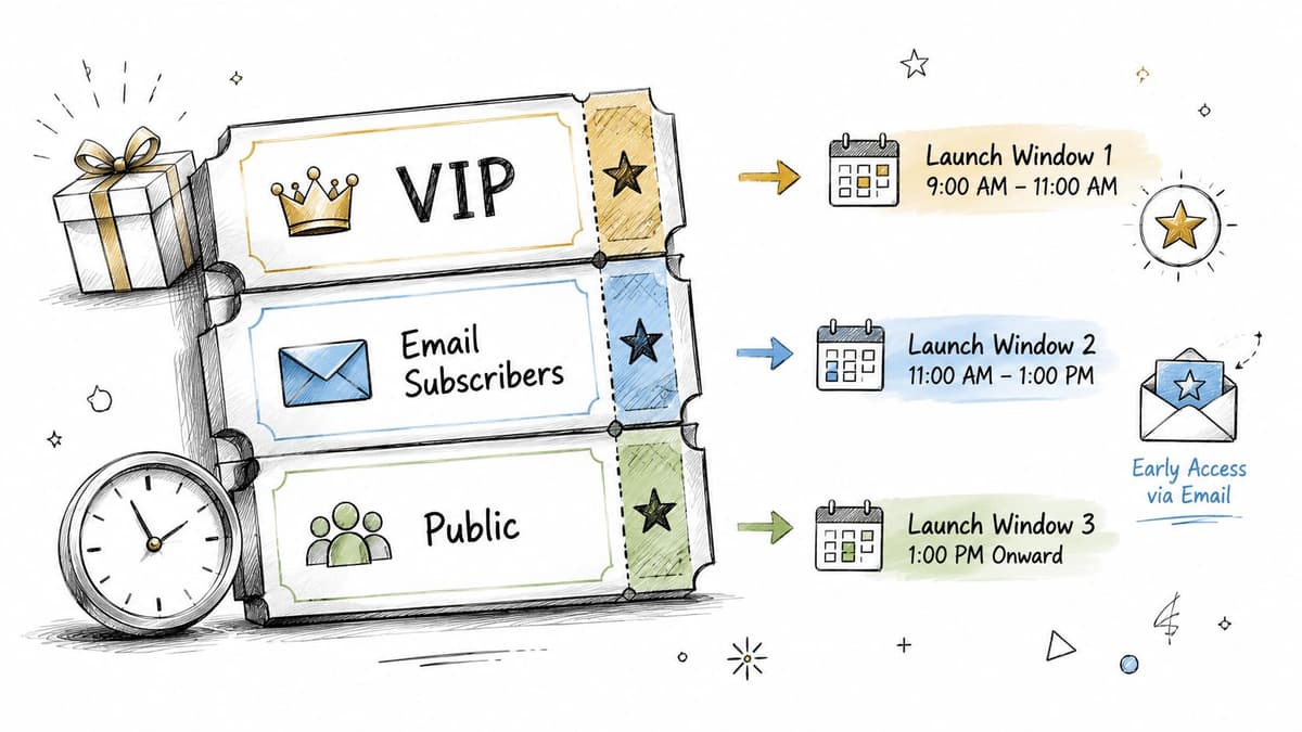 An illustration showing three launch tiers with specific time windows for VIPs, email subscribers, and the public.