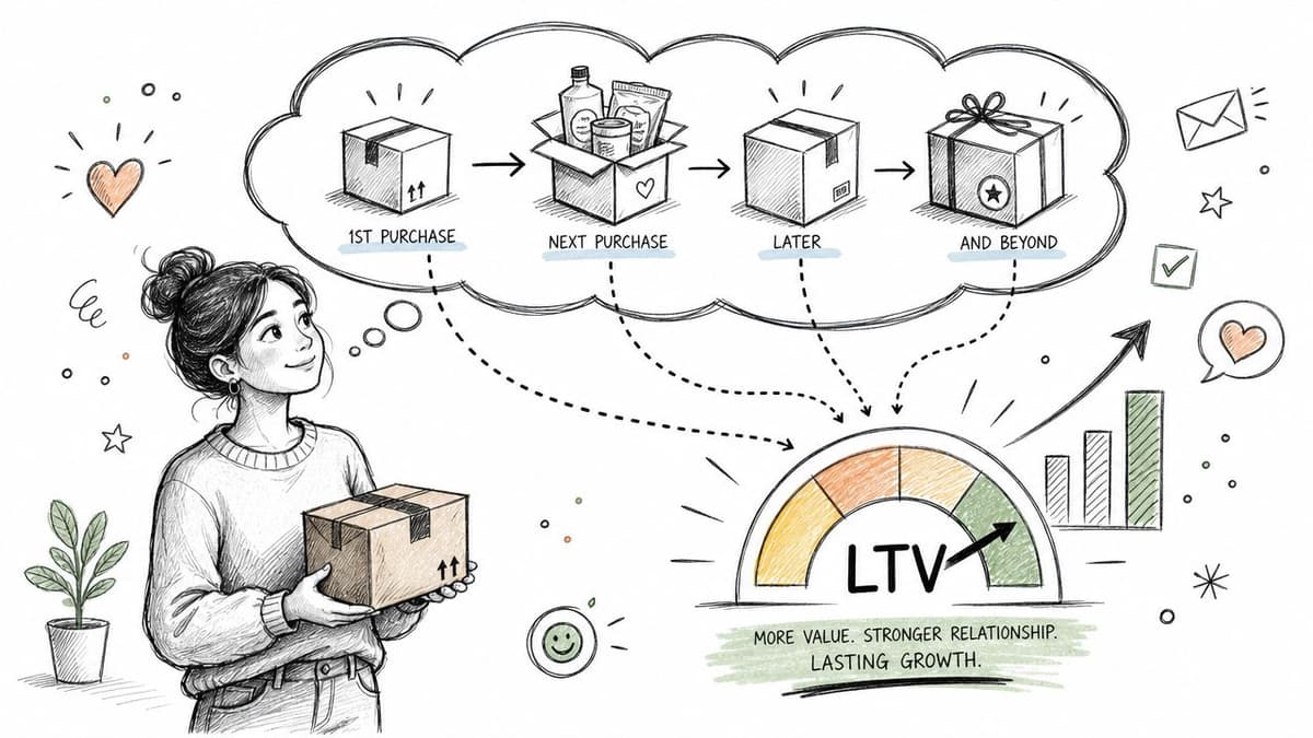 A hand-drawn illustration showing a woman holding a package, representing the customer journey and increasing LTV.