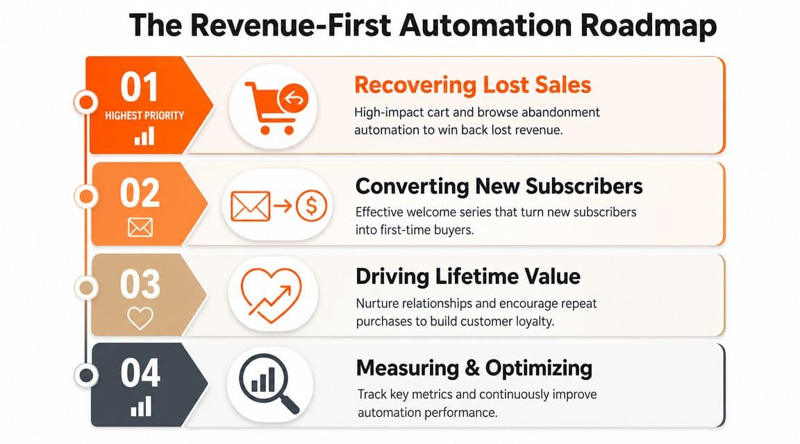 A flowchart titled The Revenue-First Automation Roadmap showing four essential steps for e-commerce growth and marketing automation.