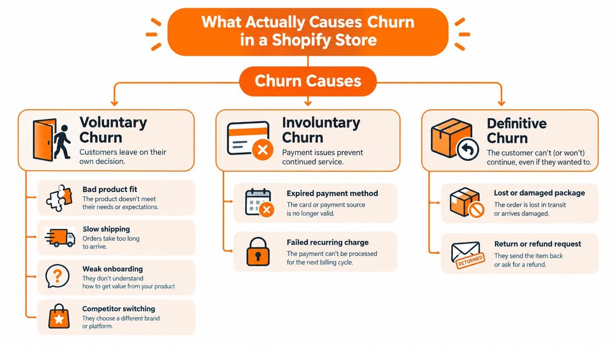 A diagram illustrating the three main types of churn for Shopify stores: voluntary, involuntary, and definitive churn.