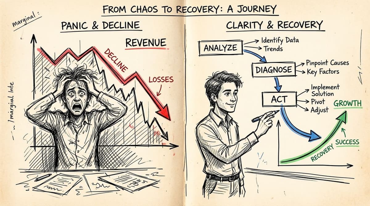 A comparison between a stressed business owner facing revenue decline and a calm person using analytics for recovery.