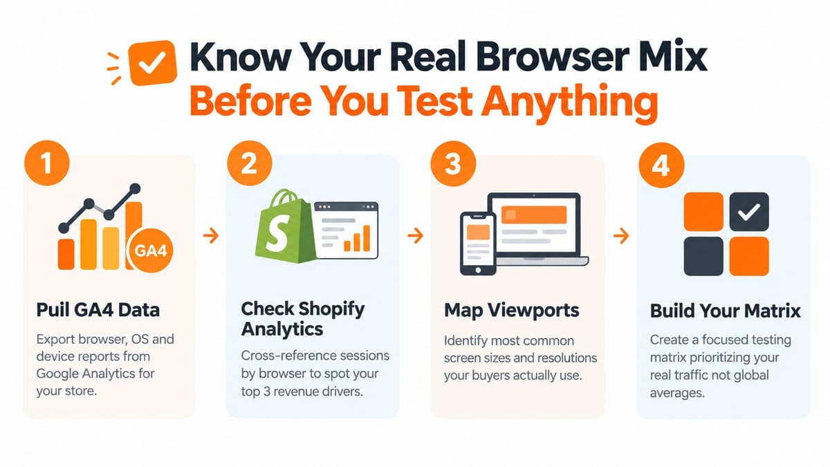 A four-step infographic illustrating how to determine browser and device traffic for website testing optimization.