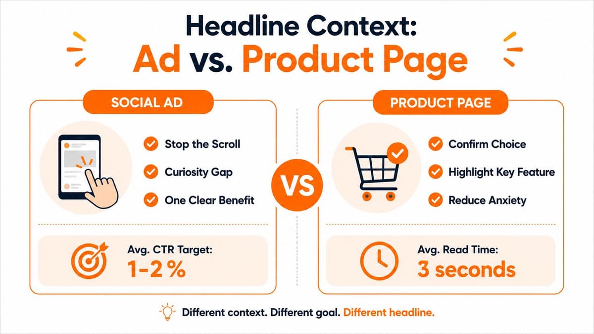 An infographic comparing social media ad headlines and product page headlines, highlighting different goals and metrics.