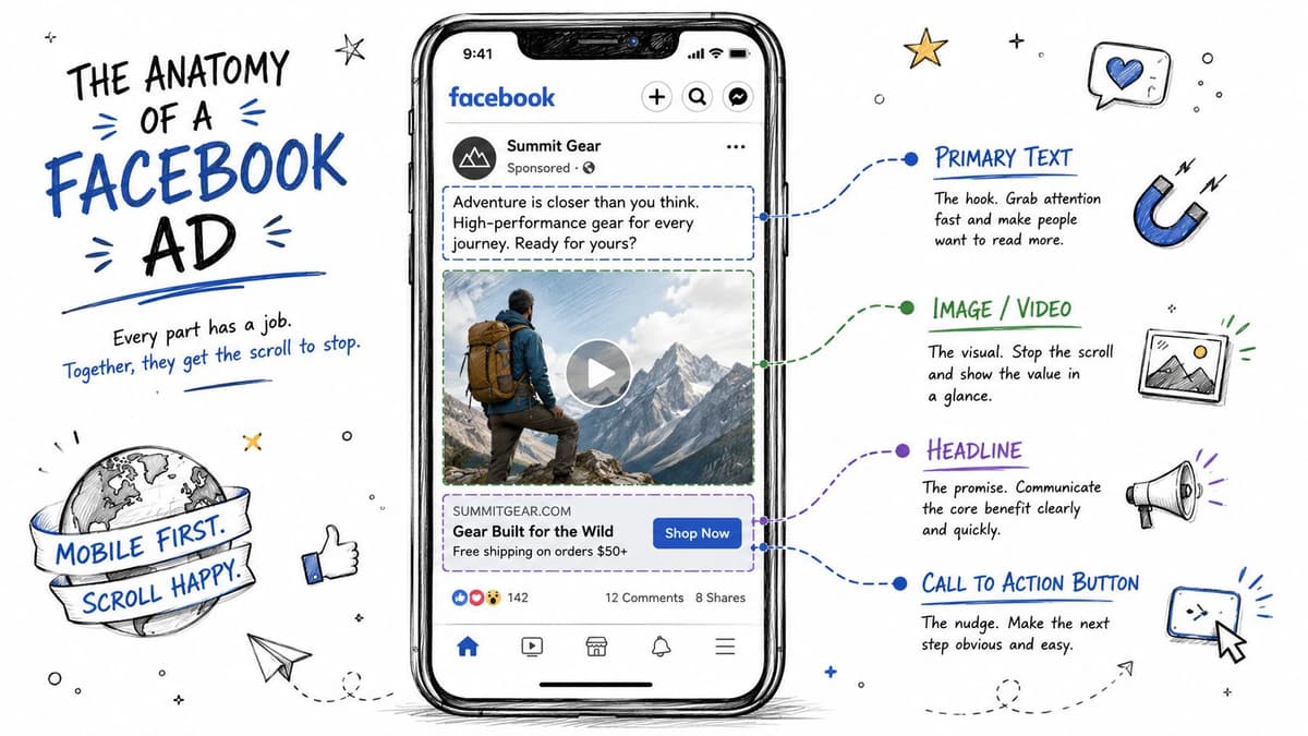 An infographic diagram labeled The Anatomy of a Facebook Ad explaining essential ad components on mobile.