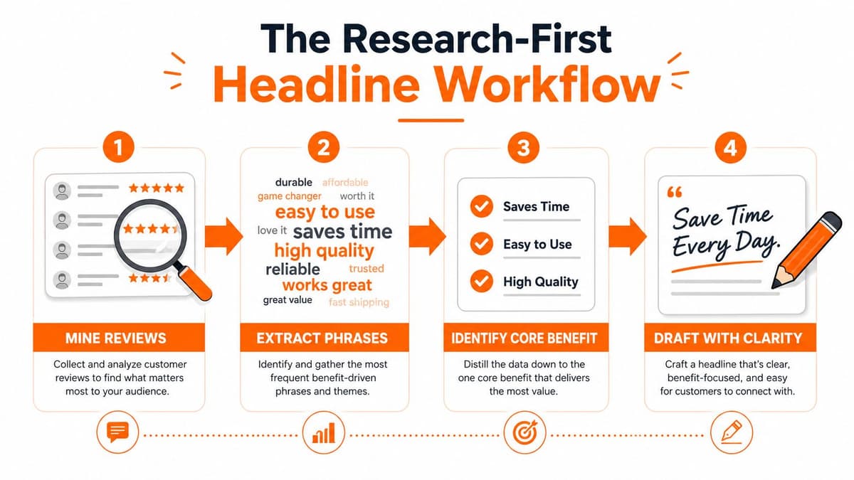 A four-step infographic illustrating a research-first headline workflow for creating effective marketing copy.