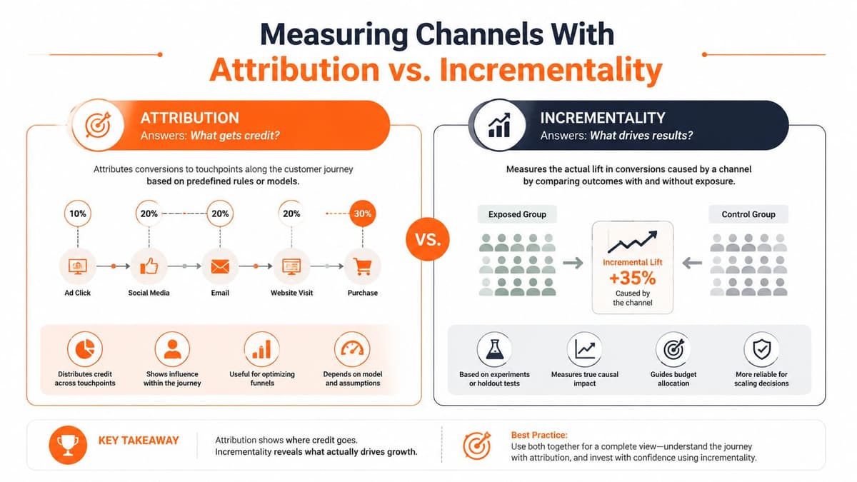 A comparison infographic explaining the differences between marketing attribution models and incrementality testing for measuring channel performance.