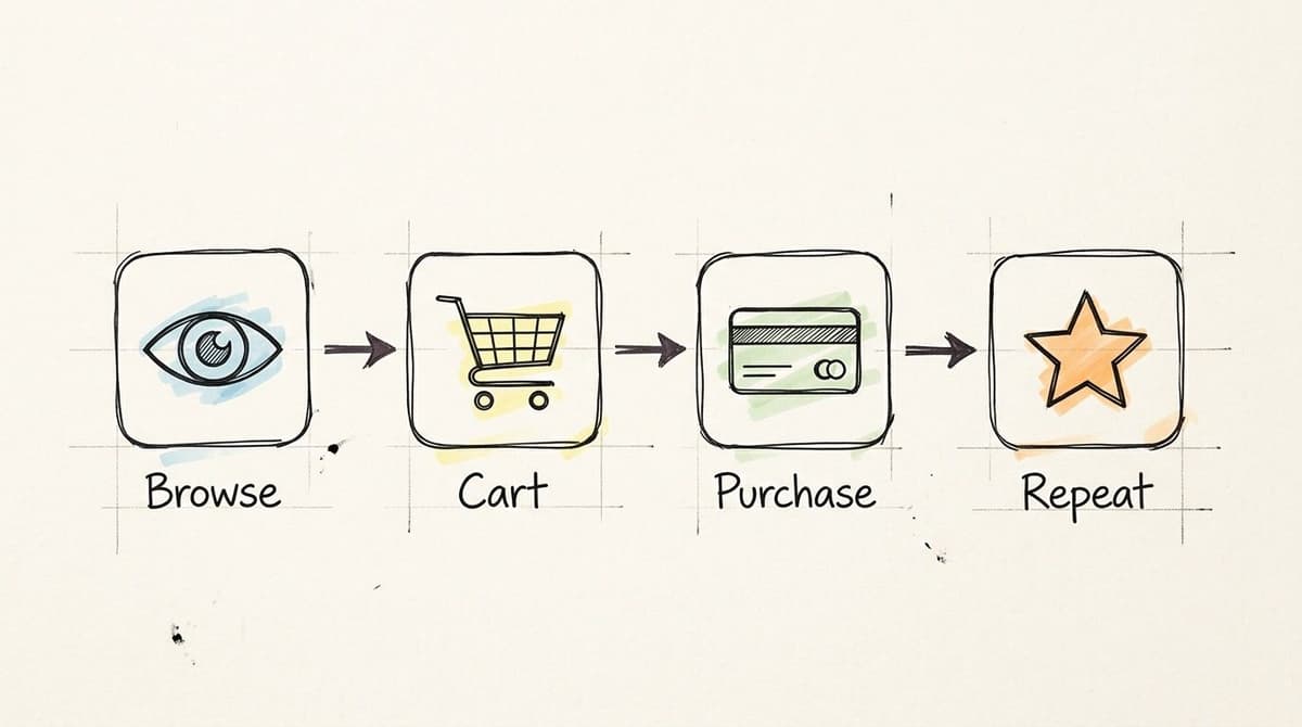 A hand-drawn flowchart illustrating the four-step customer journey: browse, cart, purchase, and repeat.