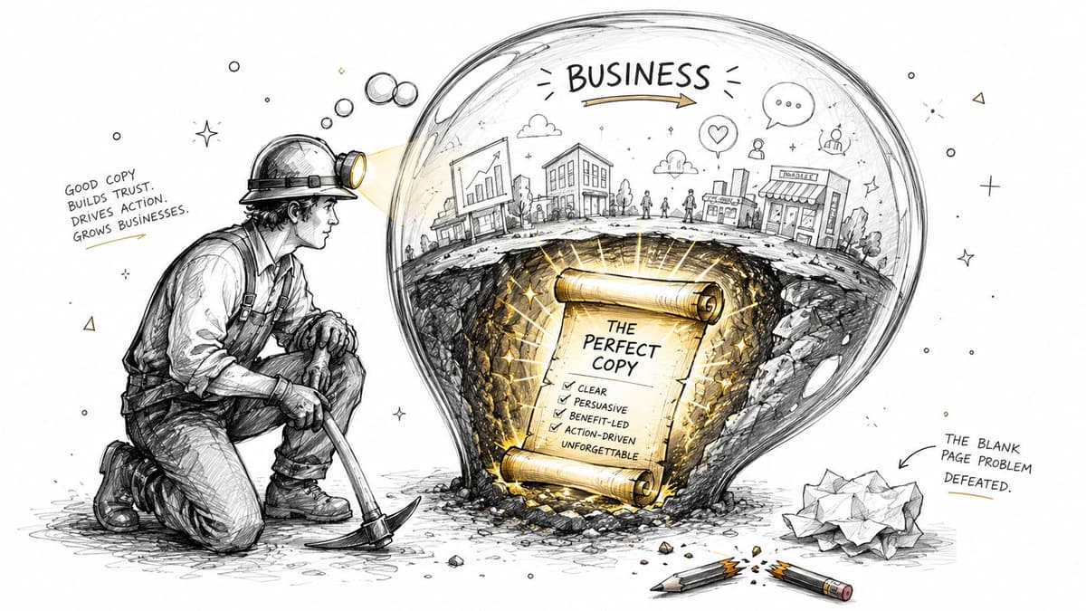 A miner discovering a glowing scroll representing perfect advertising copy buried beneath a bustling business city illustration.
