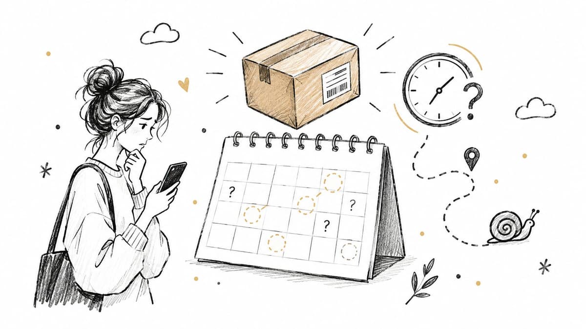 A sketched illustration of a woman looking at her phone, concerned about a delayed package delivery timeline.