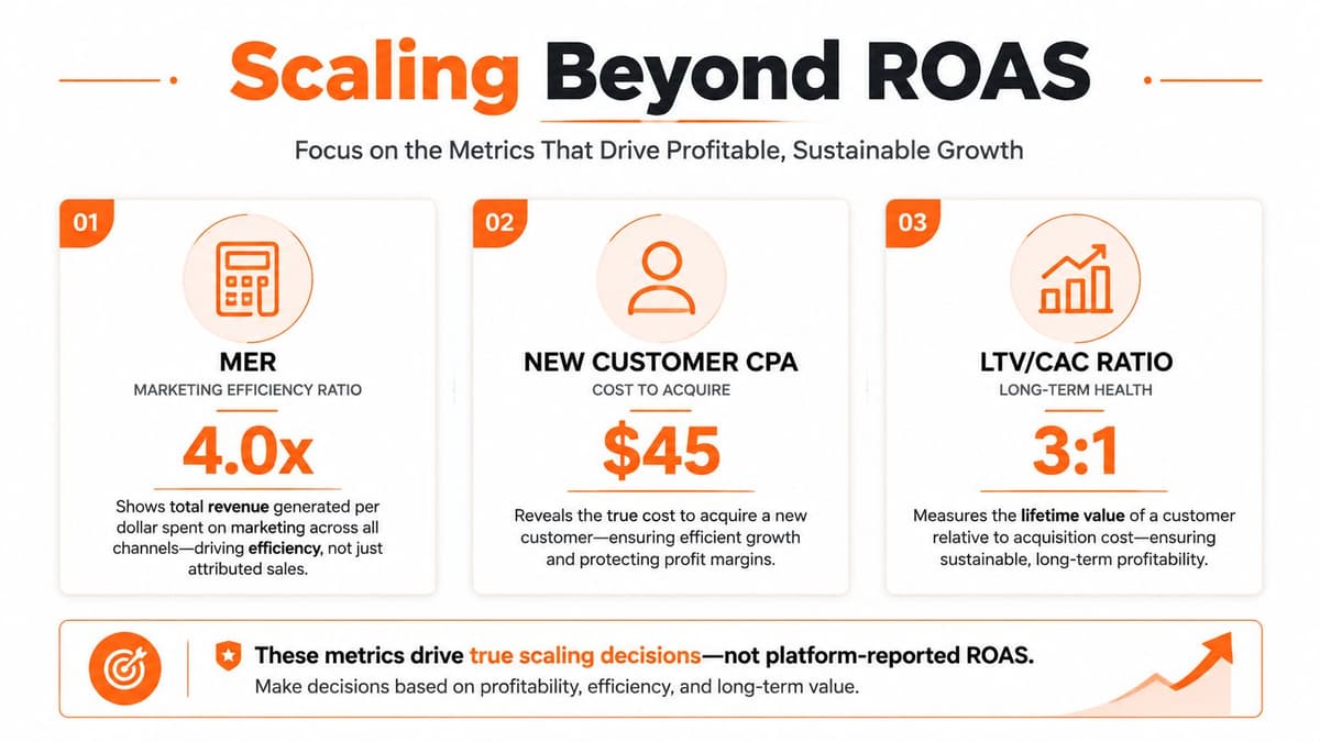 A marketing infographic illustrating three key business metrics for sustainable growth beyond ROAS: MER, New Customer CPA, and LTV/CAC.