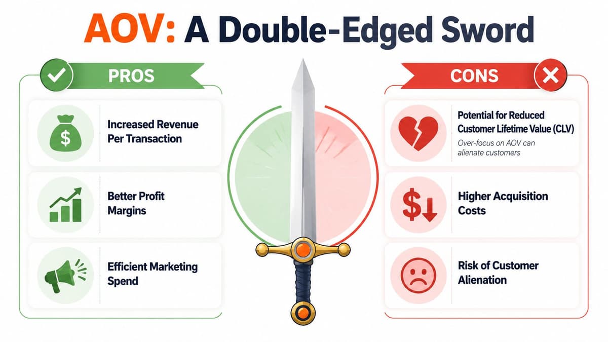 An infographic titled AOV A Double-Edged Sword contrasting the pros and cons of Average Order Value.