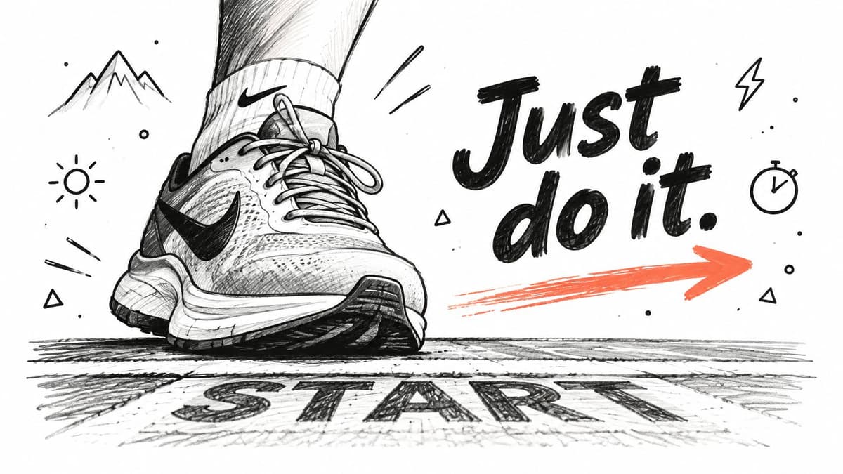 A charcoal sketch of a running shoe stepping onto a starting line with the slogan Just do it.