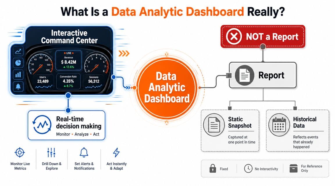 A diagram comparing an interactive data analytic dashboard with real-time capabilities to a static, non-interactive business report.