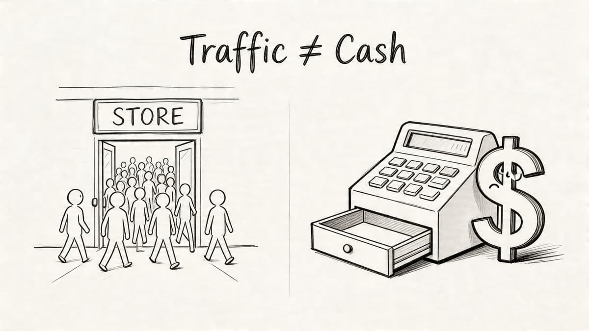 A hand-drawn illustration depicting a store full of people with an empty cash register next to it.