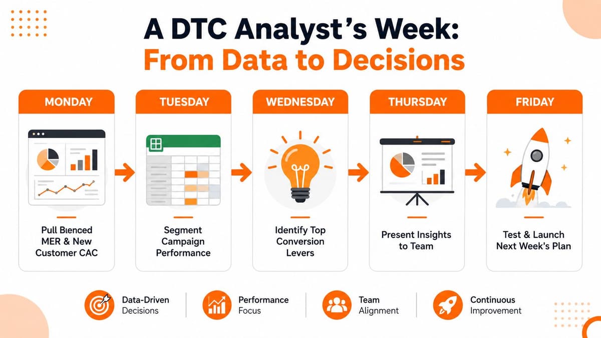 A weekly workflow chart for a DTC marketing analyst showing data-driven decision making and performance optimization steps.