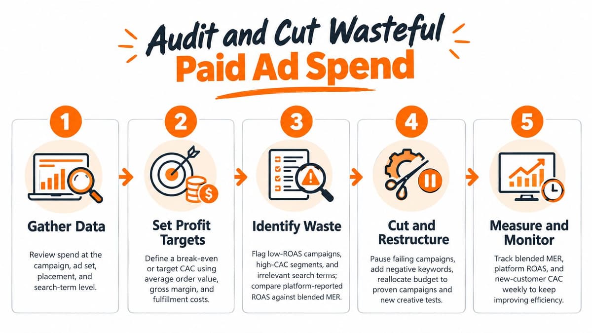 A five-step infographic showing how to audit and reduce wasteful advertising budget for better profitability.