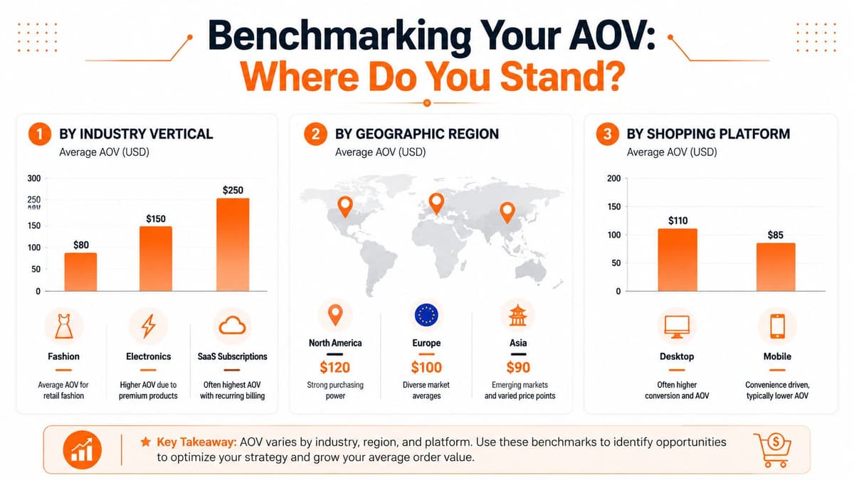 An infographic showing average order value benchmarks across industry verticals, geographic regions, and shopping platforms.