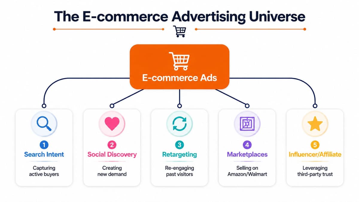 A diagram illustrating the E-commerce advertising universe with five core categories for digital marketing success.