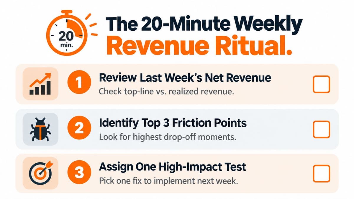 A weekly business ritual checklist of three steps for optimizing revenue management in twenty minutes.