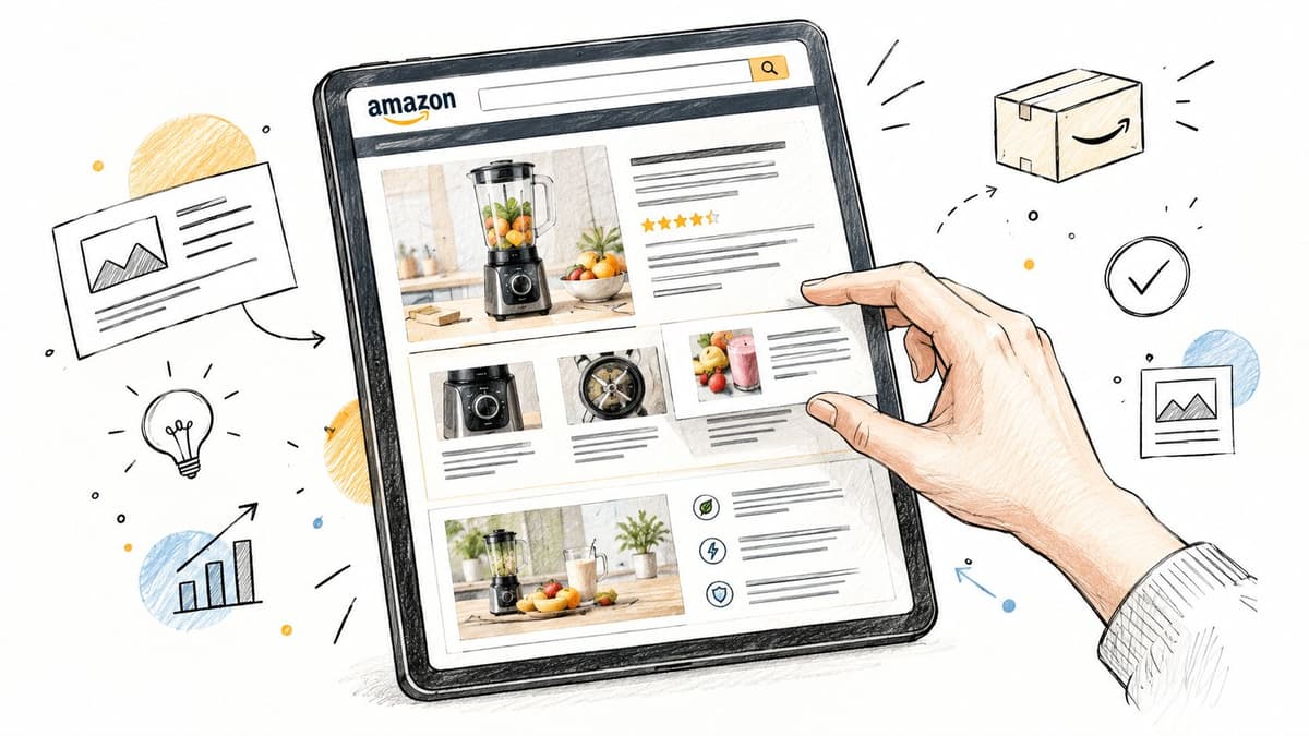 A hand interacting with a tablet displaying an Amazon product page featuring blender images and shopping icons.