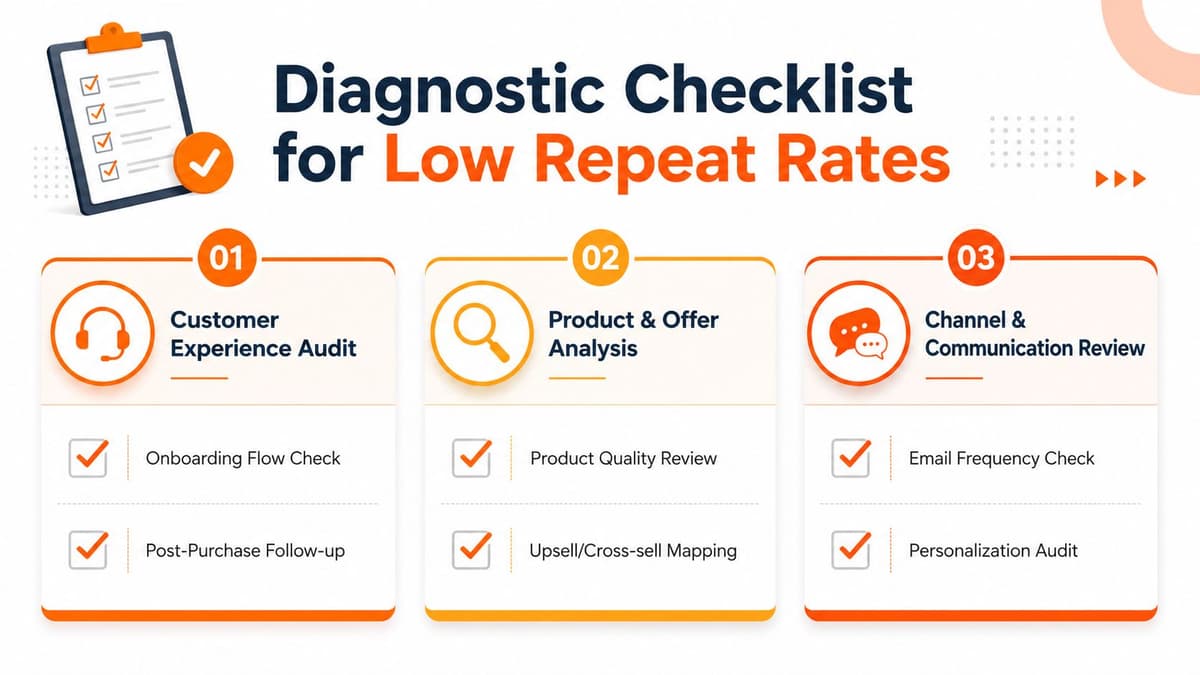 A diagnostic checklist infographic for improving low customer repeat purchase rates featuring three key strategic audit areas.