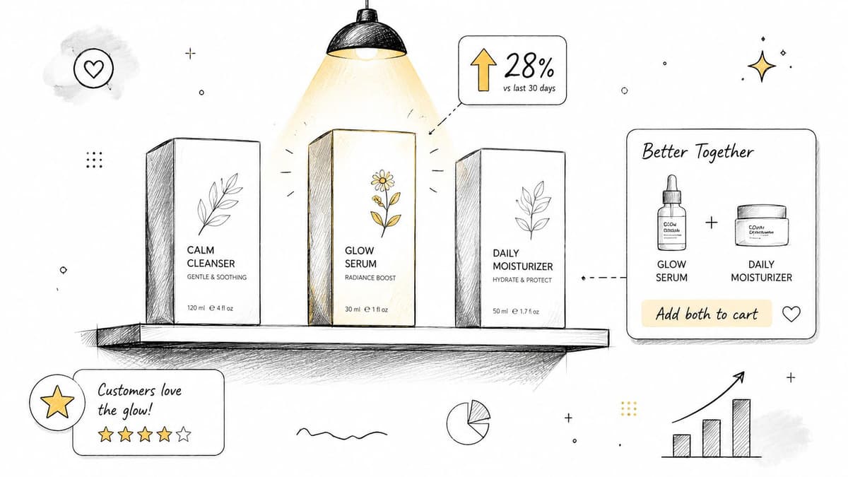 Sketch style illustration of skincare products including a cleanser, glow serum, and moisturizer displayed on a shelf.