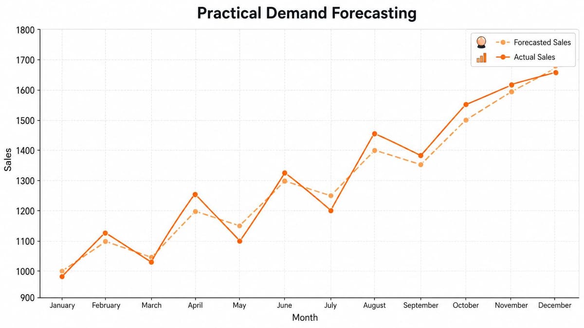 A line chart titled Practical Demand Forecasting comparing actual sales versus forecasted sales across twelve months.
