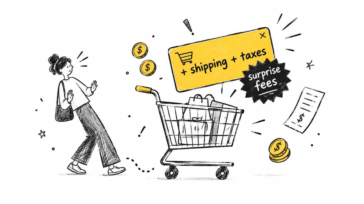 A hand-drawn sketch of a person looking surprised at a shopping cart containing extra shipping and surprise fees.